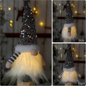NEW  Grey White Sequins Gnome with Lights Handmade, 12in Battery Operated